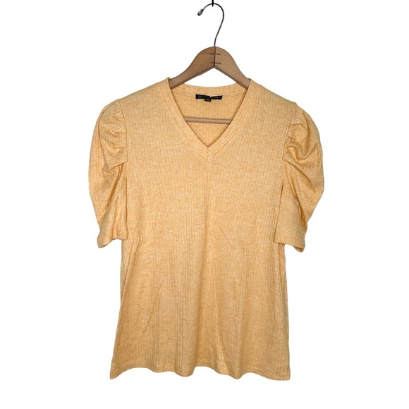 Adrianna Papell | Yellow V Neck Puff Sleeve Ribbed Top Size Small - Picture 1 of 7